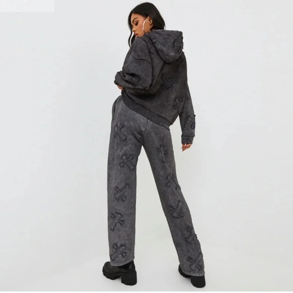 EGO Pants - EGO‎ Joggers Large Oversized High Waist Acid Wash Black Gothic Cross Patch Punk